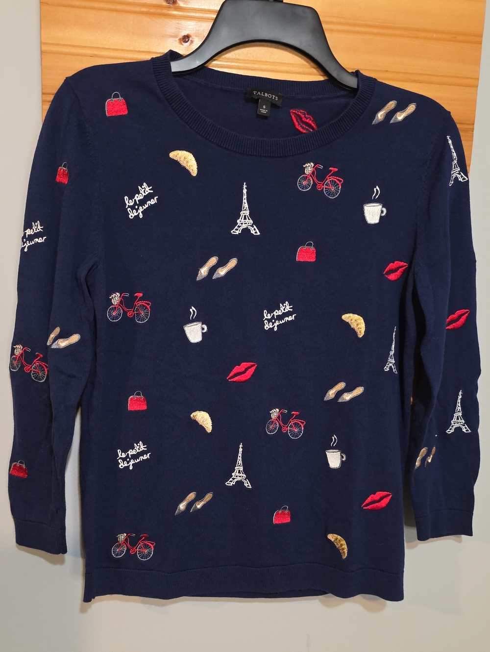 Talbots Women's Navy Paris Embroidered Sweater Eiffel Tower Croissant Small